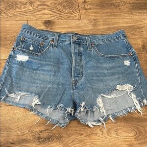 Levi's Blue High-Waisted Jean Shorts with Distressed Details 501